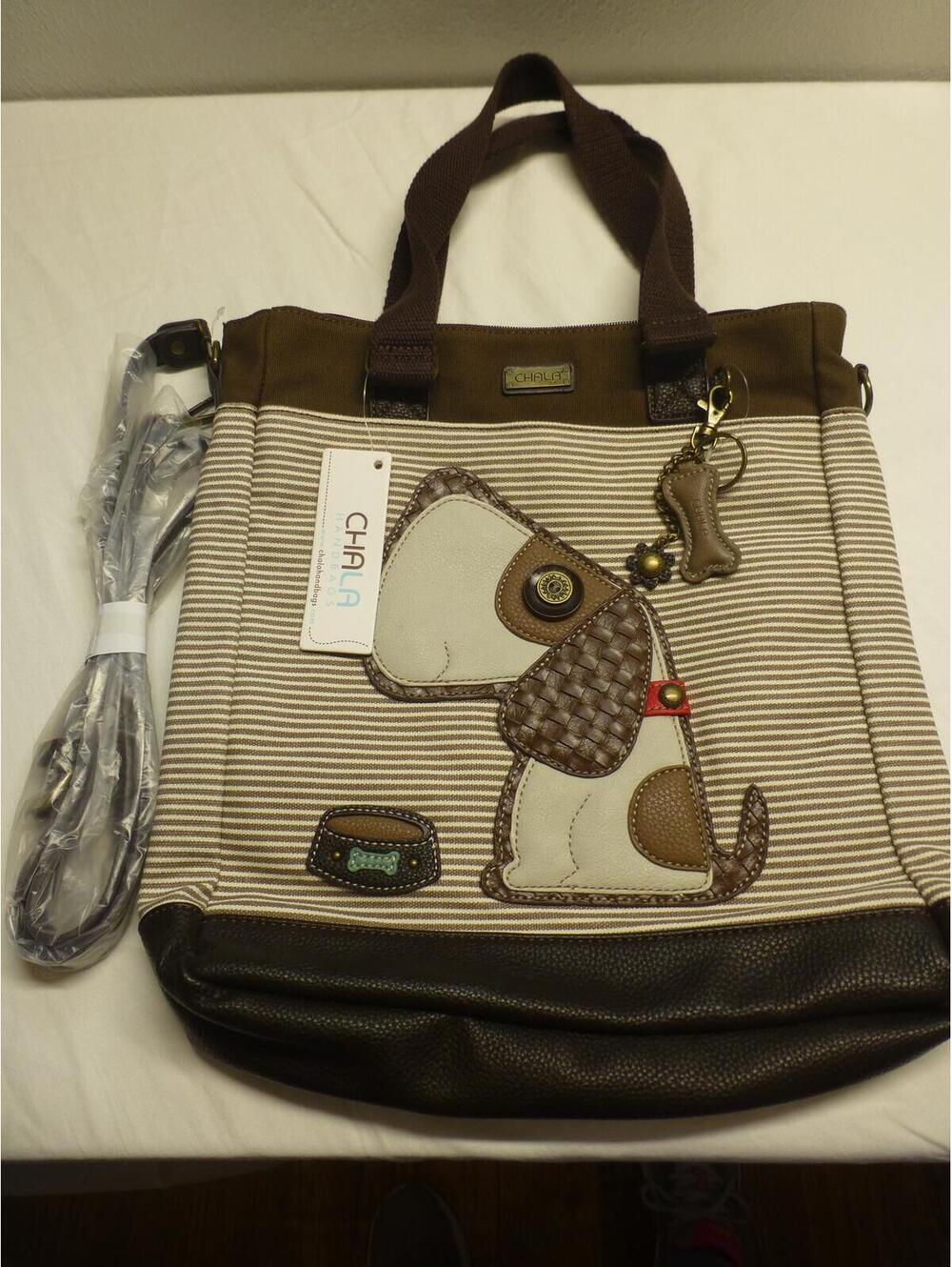 CHALA Handbags Dog Applique Canvas & Leather Tote Bag Striped G3A